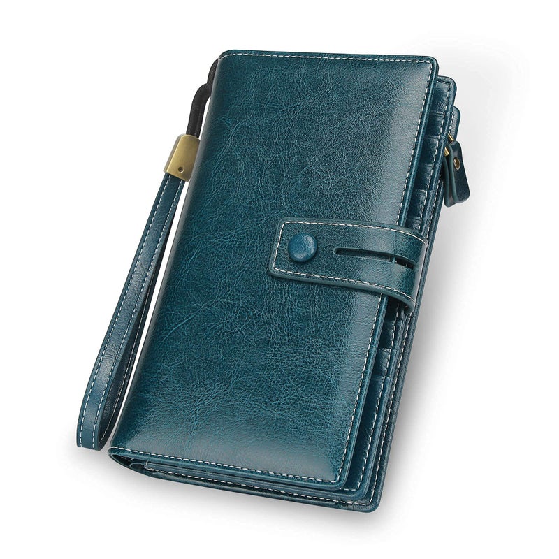 FT FUNTOR Women's Big Fat RFID Blocking Wallet Leather Zip Around Clutch Large Purse Phone Organizer Wristlet green - Image 1